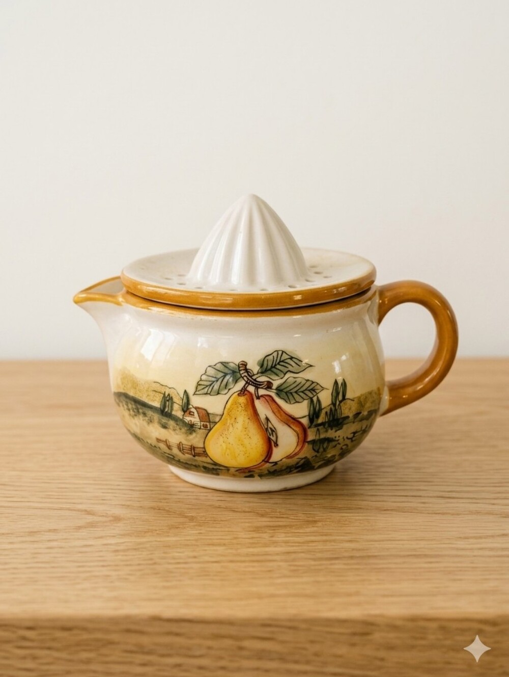 Vintage Ceramic Citrus Juicer with Pear Motif – Rustic Farmhouse Kitchen Decor